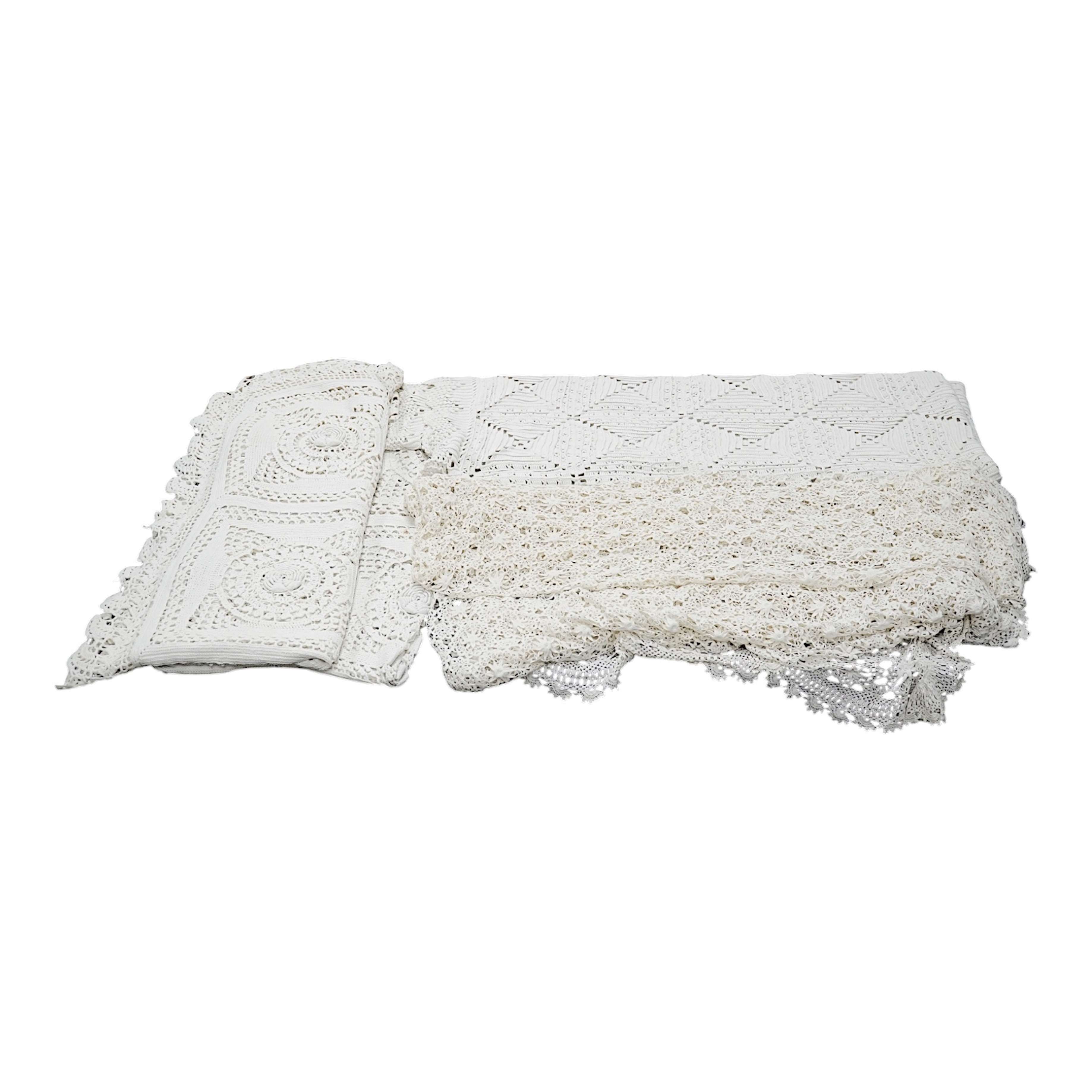 Three Edwardian thick white crochet bed covers, one made from squares with raised crochet flowers to the centres, another cover plainer and the other with loose crochet. 212cm x 166cm. Condition - all appear in good cond